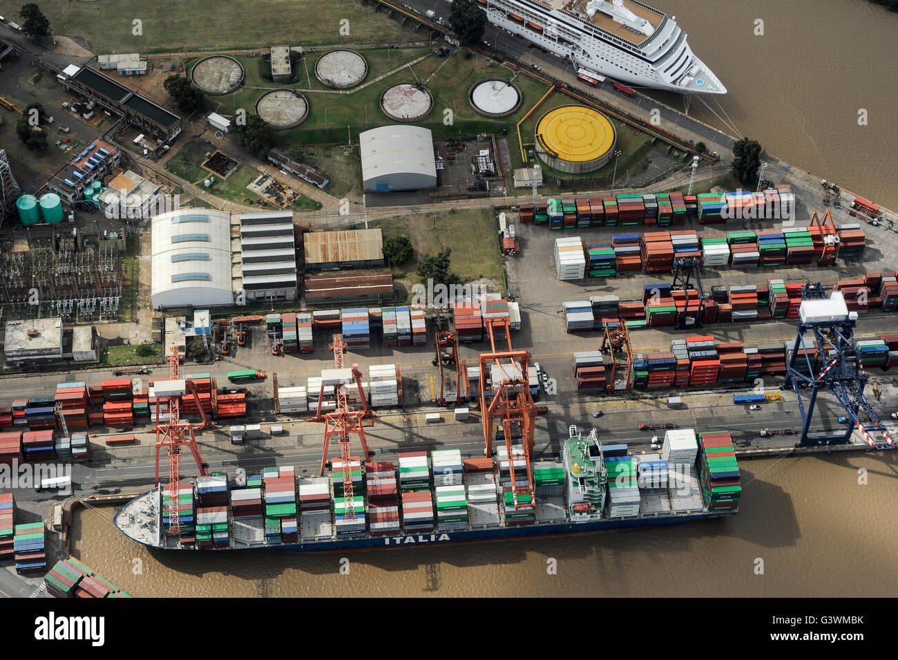ARGENTINA, Buenos Aires, aerial view of container port, vessel of