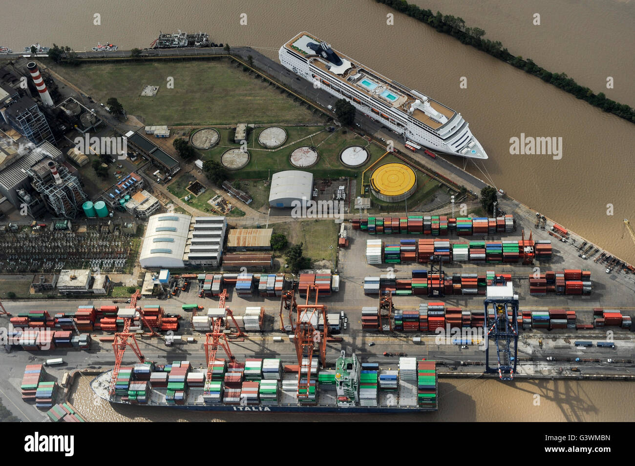 ARGENTINA, Buenos Aires, aerial view of container port, vessel of