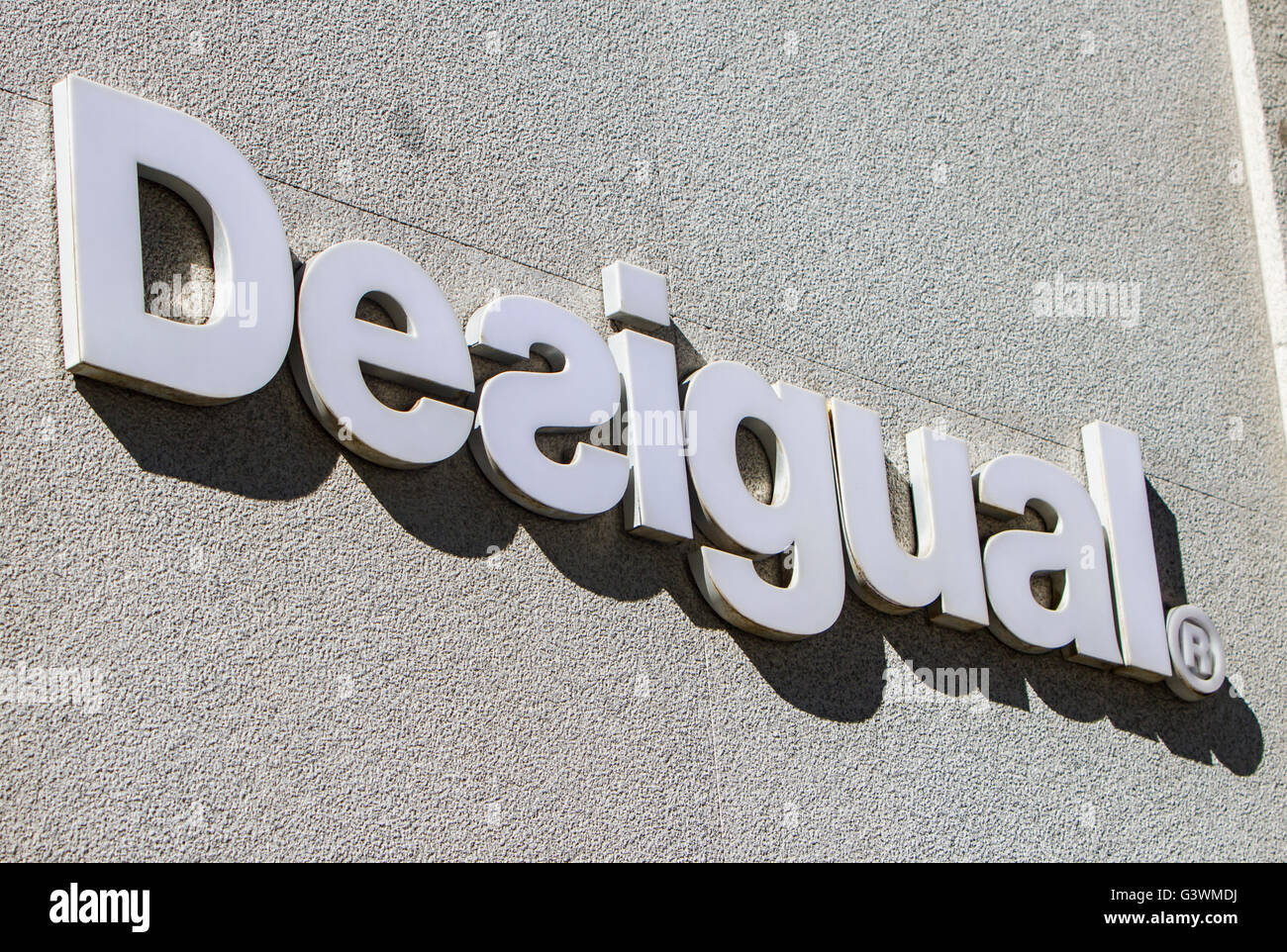 MADRID, SPAIN - MARCH 17, 2016: Desigual logo in Madrid. It is a casual clothing brand based in Barcelona, Spain. Stock Photo