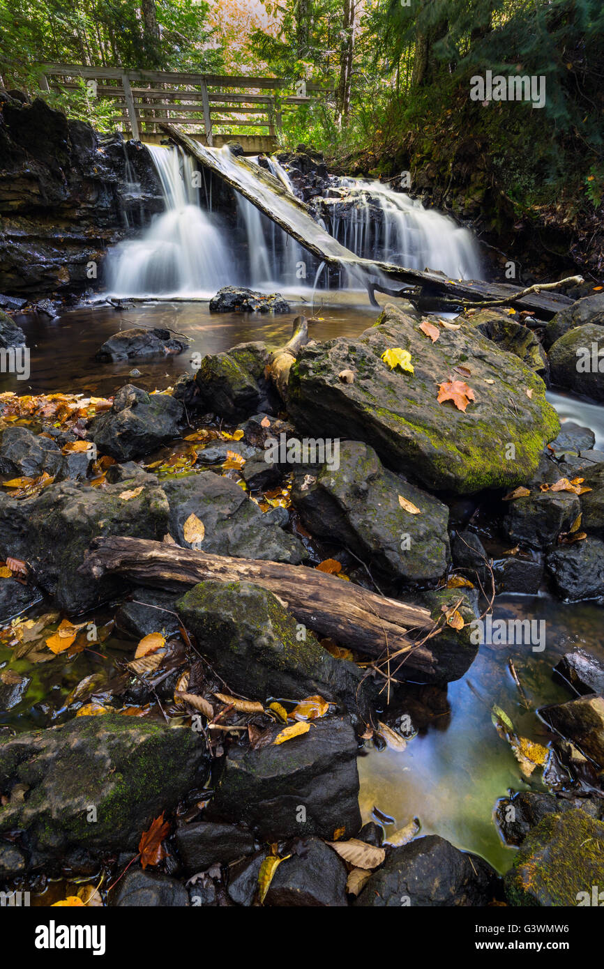 Upper Chapel Falls cascades downriver at Pictured Rocks National Lakeshore in Autumn Stock Photo