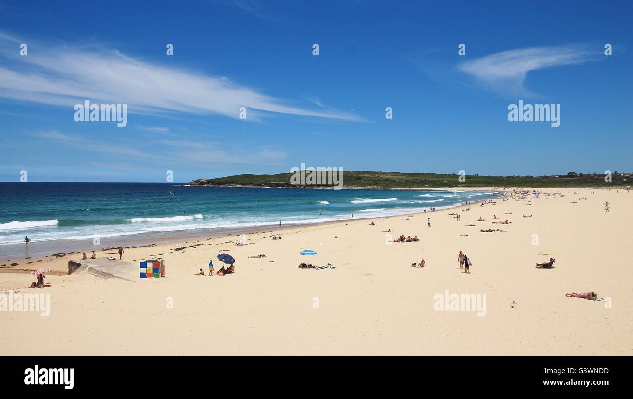 Sandy Maroubra Beach and azure blue Pacific. Scene in Sydney. Stock Photo