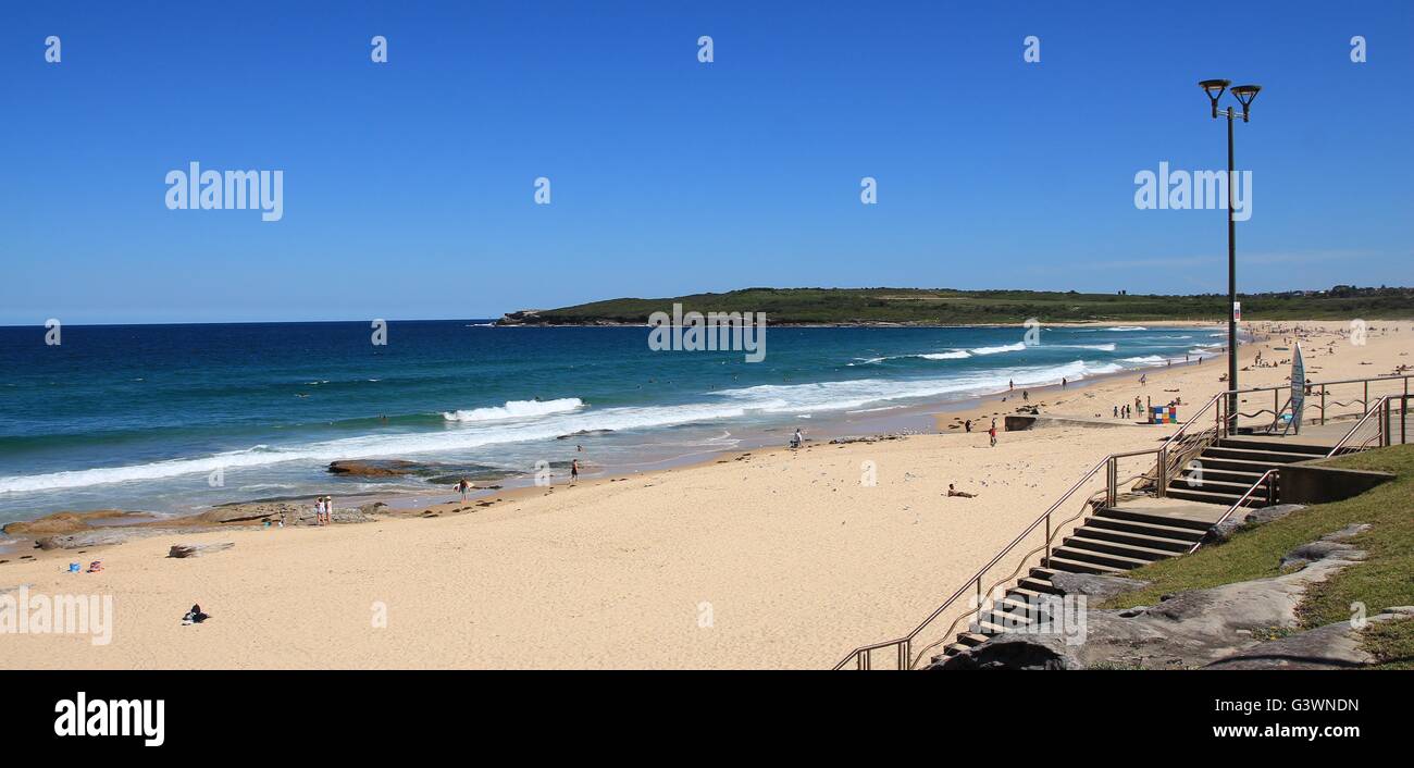 Sandy beach in Sydney. Maroubra Beach. Azure blue Pacific. Stock Photo