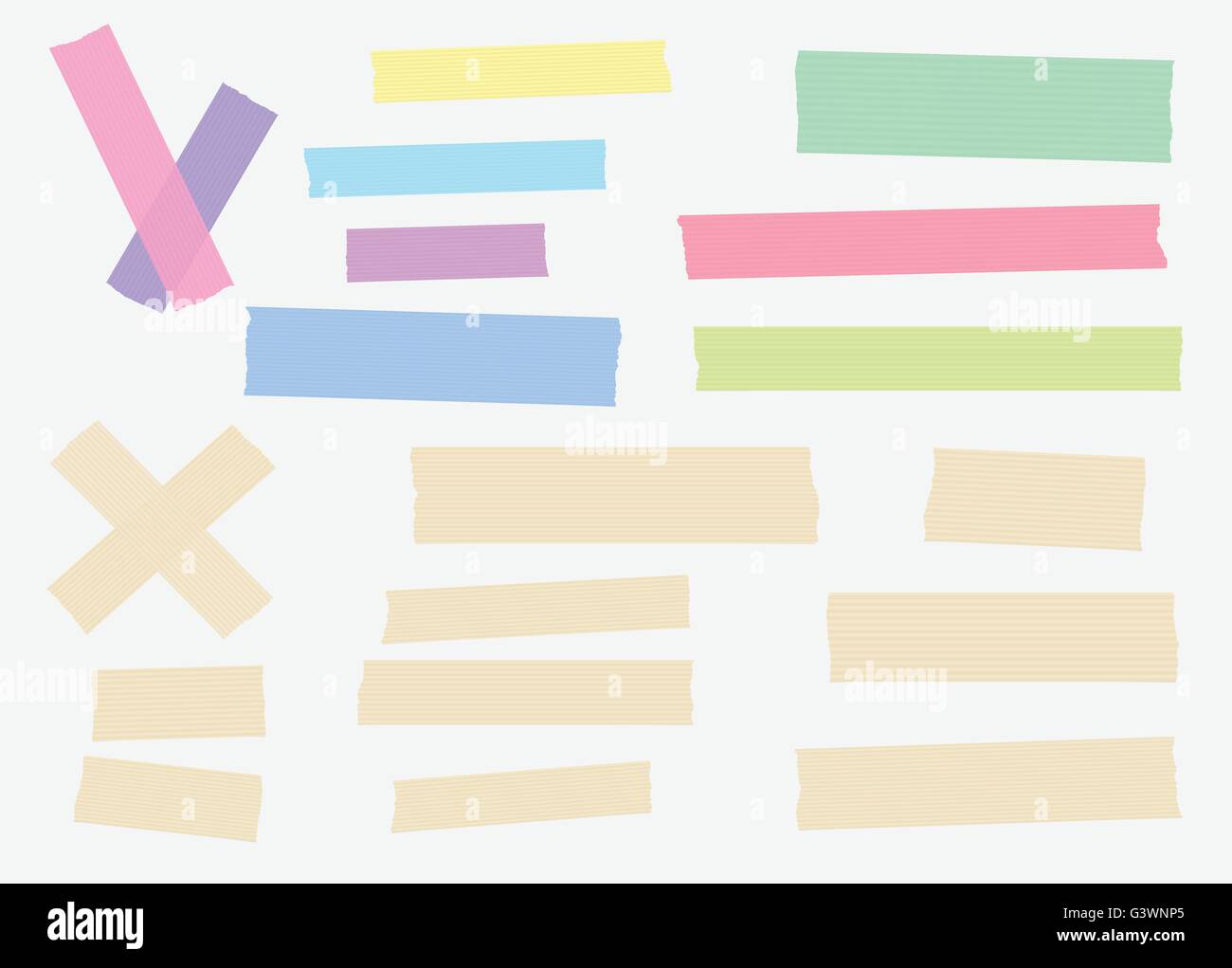 Set of colorful and different size masking, sticky, tapes are stuck on