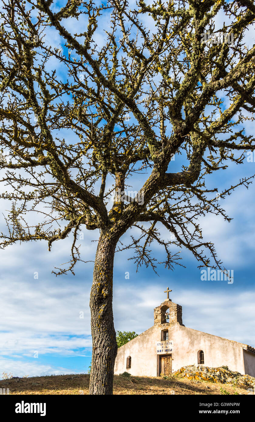 ancient rural church and a tree Stock Photo