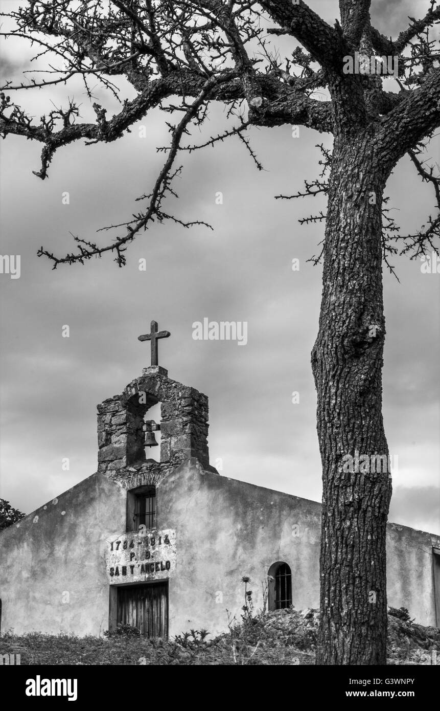 ancient rural church and a tree Stock Photo