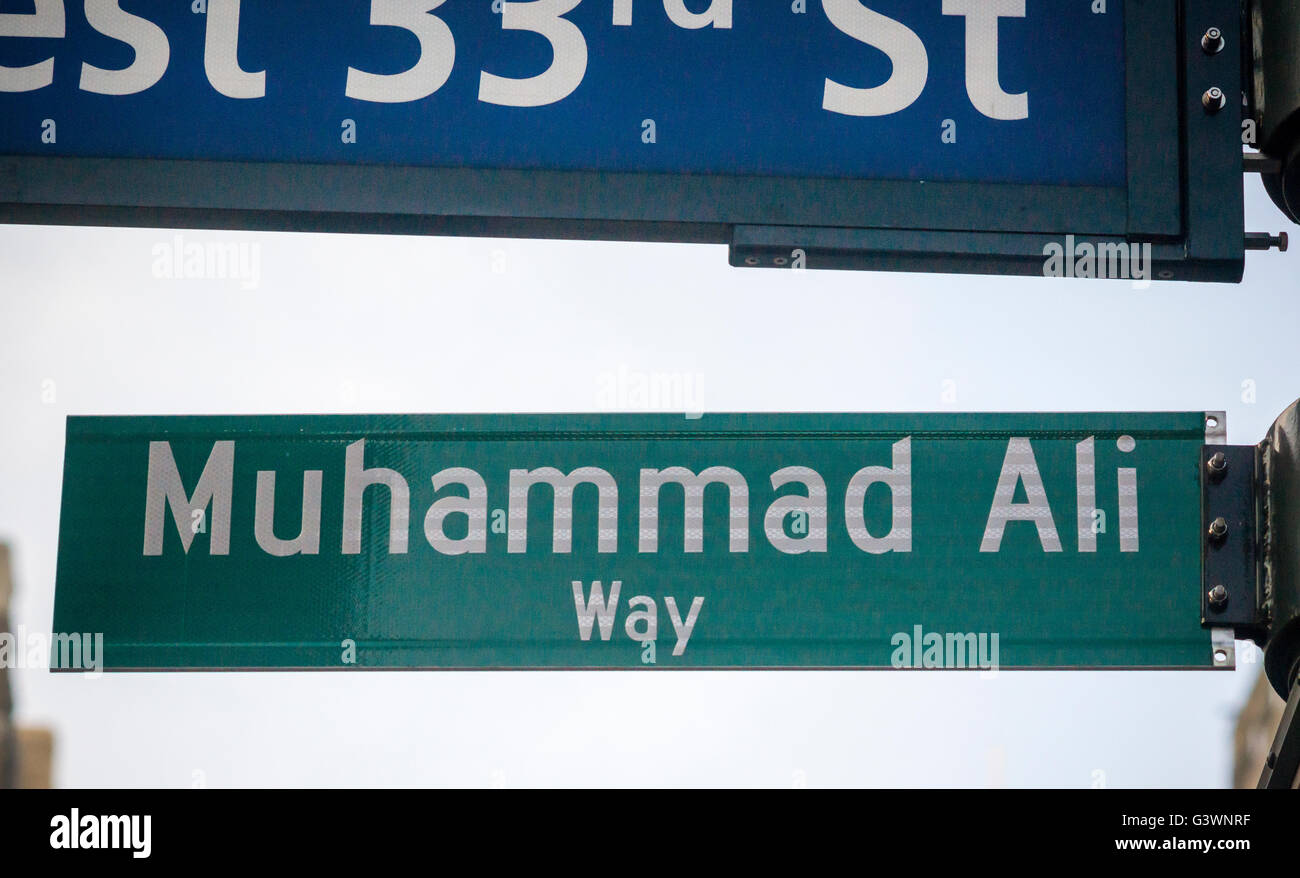 New York commemorates the late boxing legend Muhammad Ali by temporarily renaming West 33rd Street next to Madison Square Garden as 'Muhammad Ali Way', seen on Tuesday, June 7, 2016. Ali fought Joe Frazier in the famous arena in 1971 in what was billed as the 'Fight of the Century'. Ali passed away June 3 at the age of 74. (© Richard B. Levine) Stock Photo