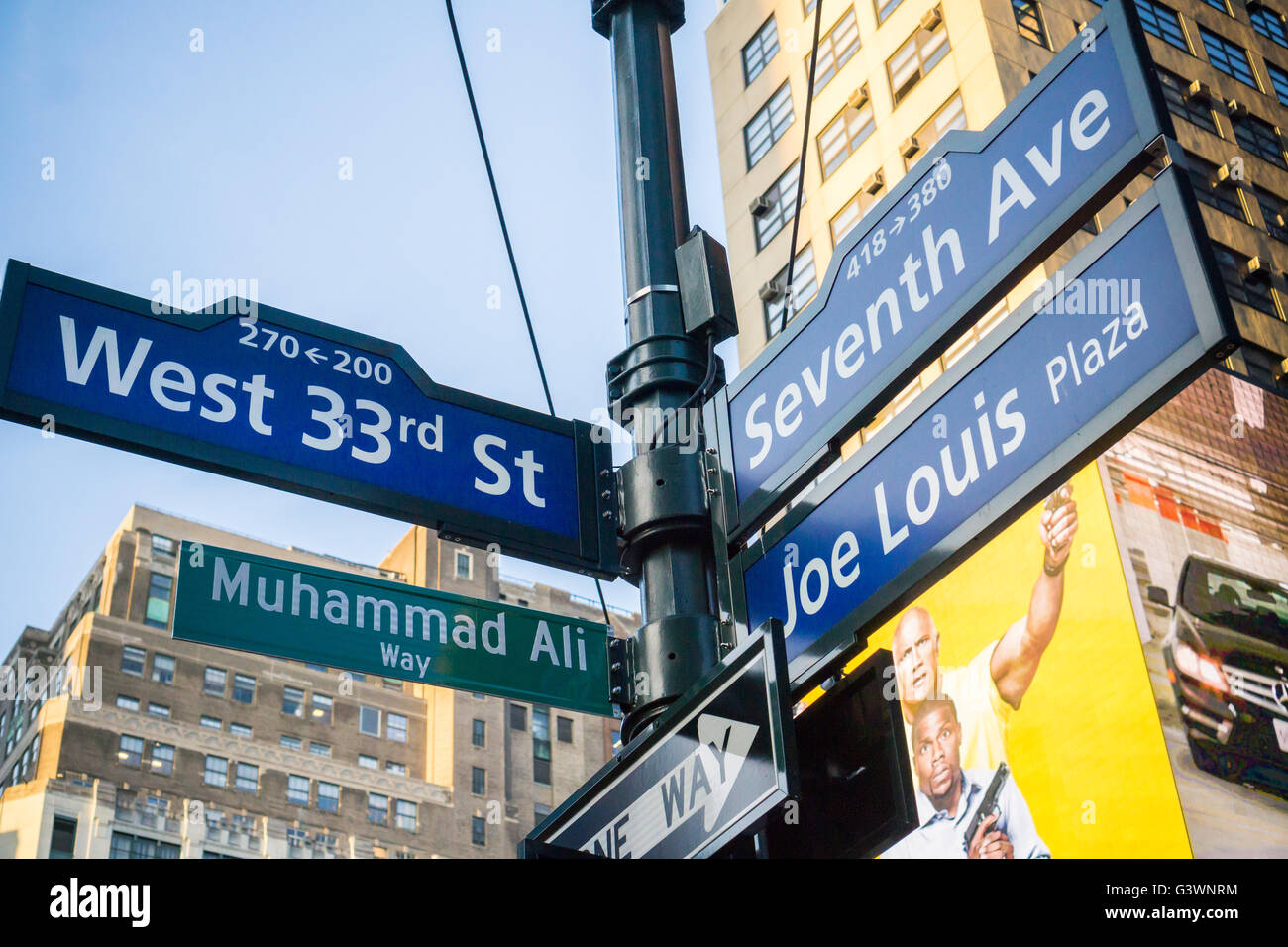 New York commemorates the late boxing legend Muhammad Ali by temporarily renaming West 33rd Street next to Madison Square Garden as 'Muhammad Ali Way', seen on Tuesday, June 7, 2016. Ali fought Joe Frazier in the famous arena in 1971 in what was billed as the 'Fight of the Century'. Ali passed away June 3 at the age of 74. (© Richard B. Levine) Stock Photo