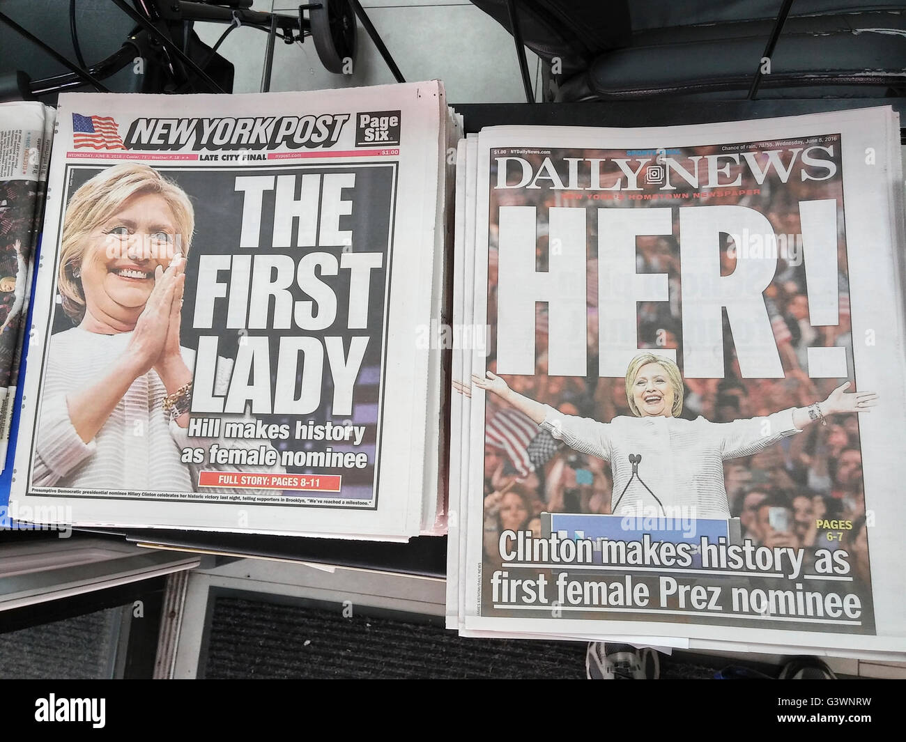 Headlines of New York newspapers on Wednesday, June 8, 2016 report on the results of the previous day's primaries where Hillary Clinton, winning both New Jersey and California is the presumptive Democratic presidential candidate. Clinton is the first woman from a major party to be the nominee for president.  (© Richard B. Levine) Stock Photo