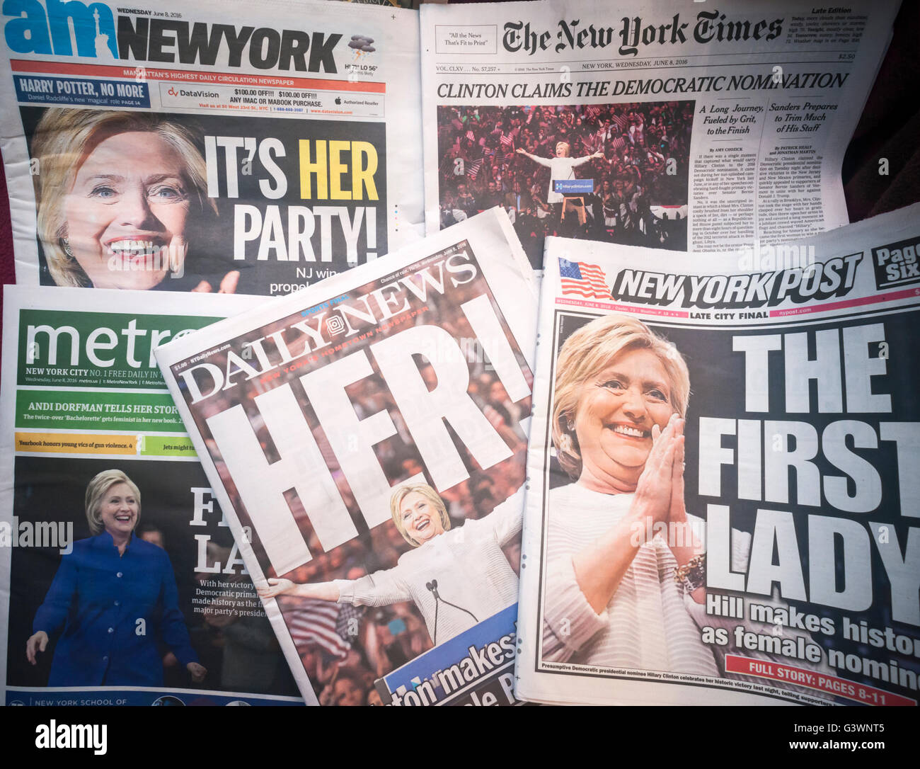 Headlines of New York newspapers on Wednesday, June 8, 2016 report on the results of the previous day's primaries where Hillary Clinton, winning both New Jersey and California is the presumptive Democratic presidential candidate. Clinton is the first woman from a major party to be the nominee for president.  (© Richard B. Levine) Stock Photo