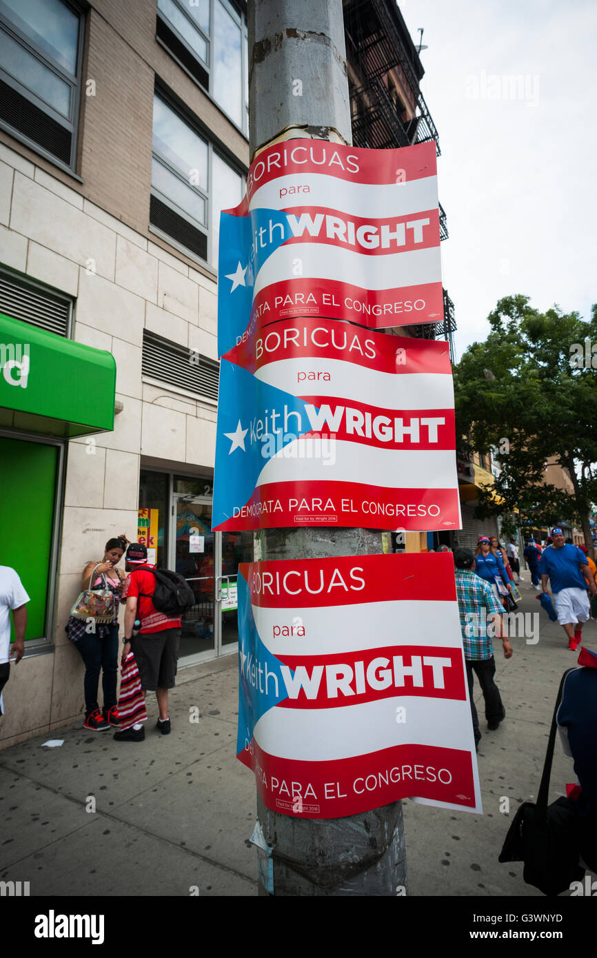 Political posters in East Harlem in New York for Keith Wright New York on Saturday, June 11, 2016. Long-time NY Congressman Charles Rangel announced he will be retiring and numerous pols are lining up to vie for his seat. (© Richard B. Levine) Stock Photo