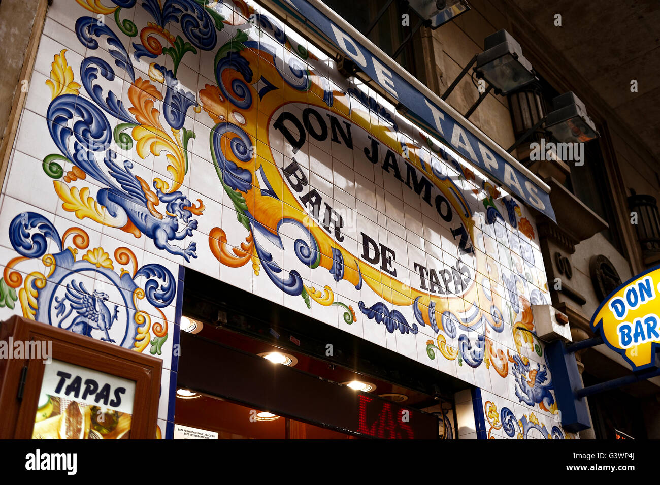 Don Jamon restaurant with ornate tiling facade and menu, Madrid, Spain Stock Photo
