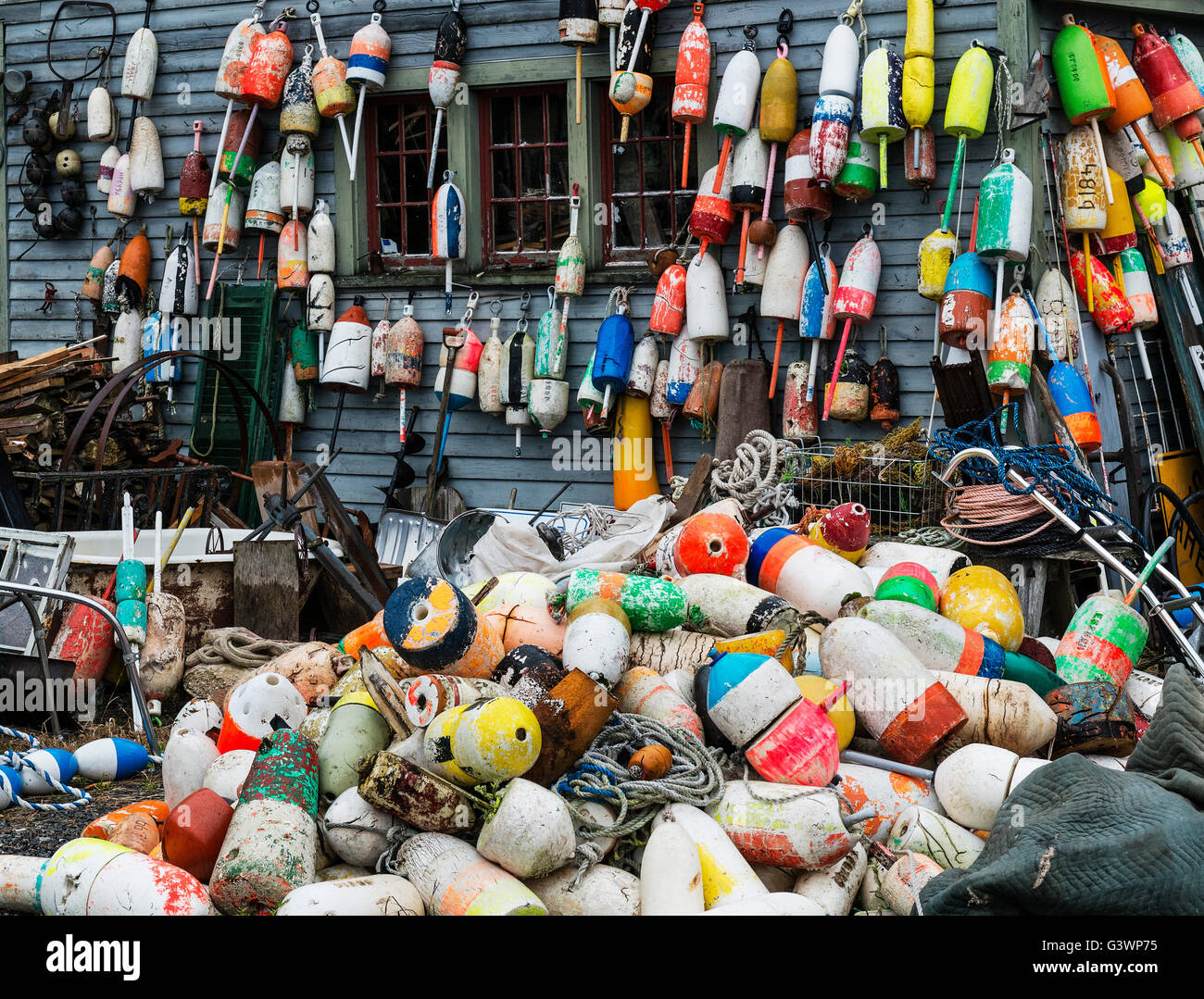 Pile of discarded buoys, Maine Stock Photo