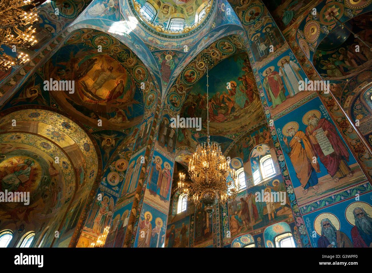 Saint Petersburg Russia. Russian Orthodox Church of the Saviour on Spilled Blood. Interior mosaics beneath the central dome Stock Photo