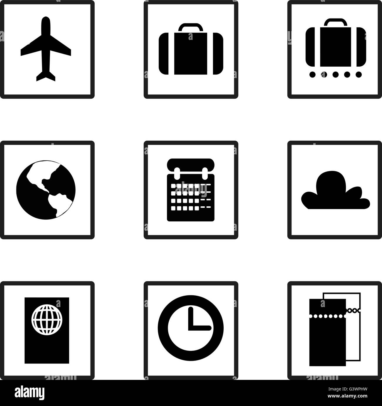 Vector. Set of business travel icons. Plane, suitcase, luggage, earth, map, calendar, cloud, passport, clock, time, tickets. Stock Vector