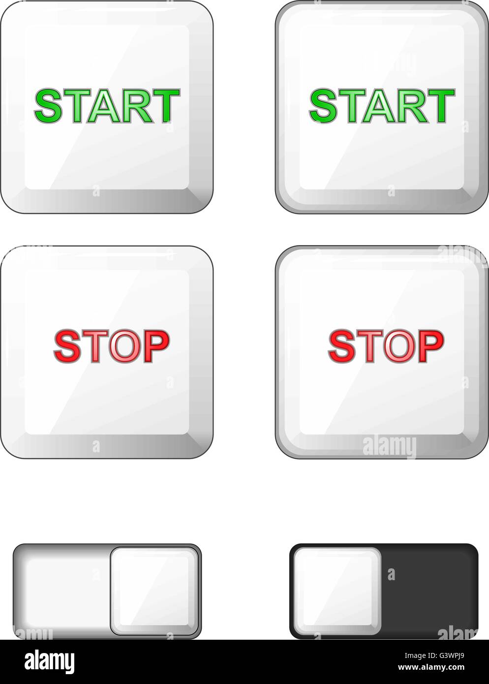 Vector. Set of isolated white square buttons. Plastic buttons, icons for internet: start button, stop button, slider bar -slide Stock Vector
