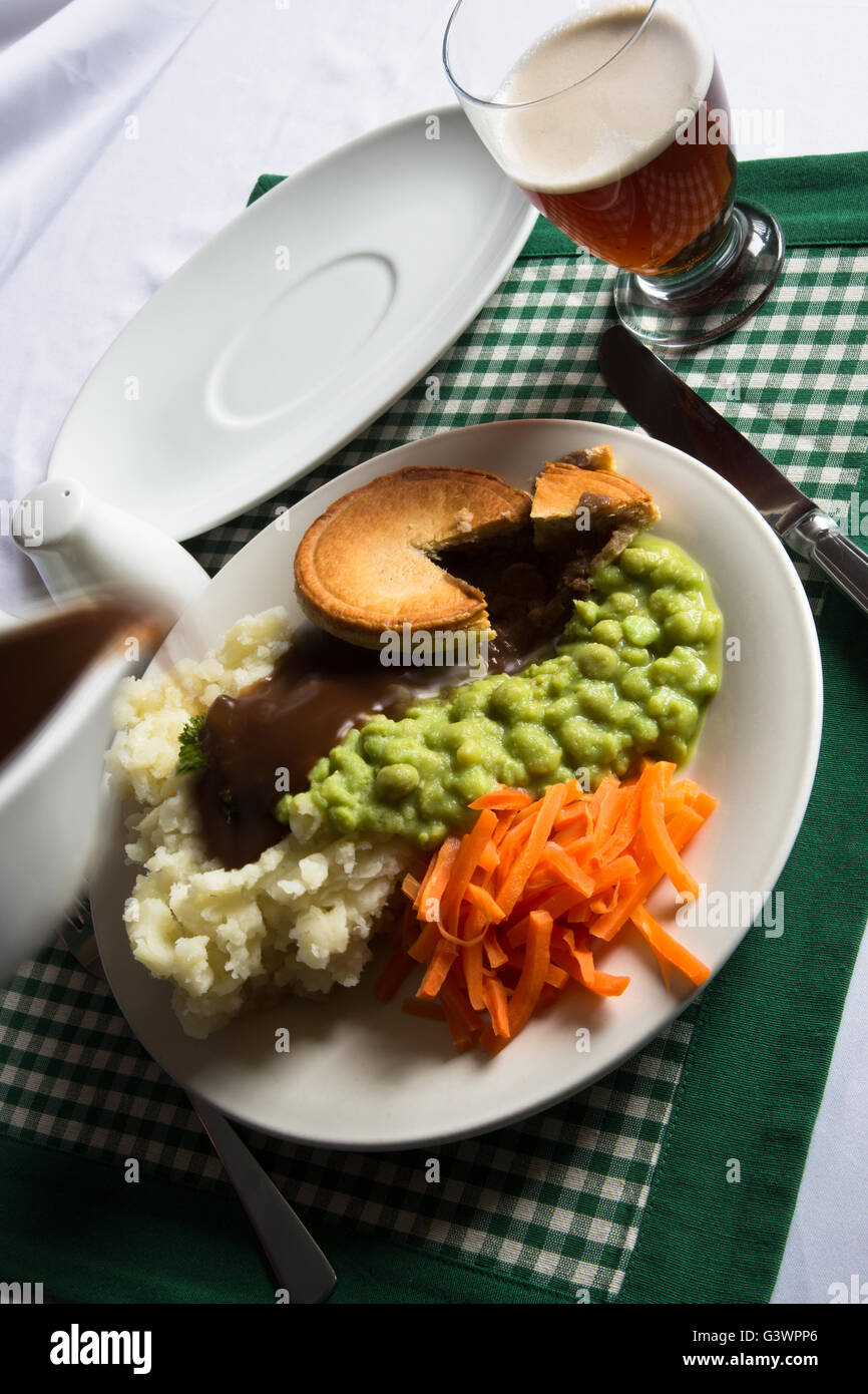 A classic traditional English dish of Steak Pie, Mashed Potato, Mushy