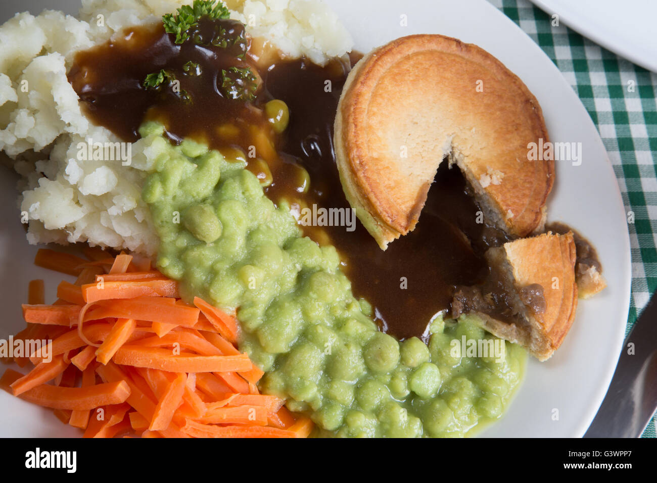 A classic traditional English dish of Steak Pie, Mashed Potato, Mushy