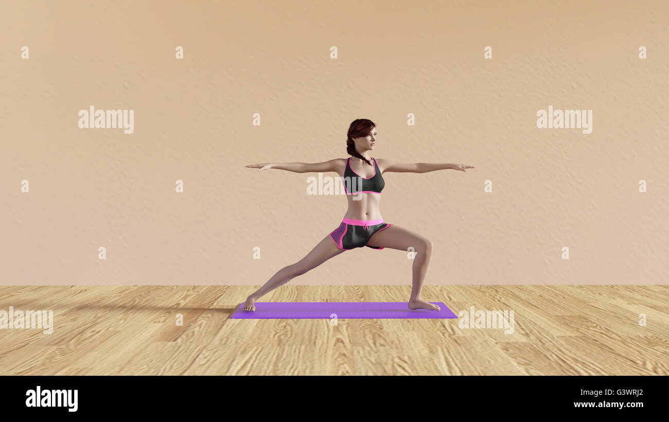 Yoga Class Warrior Pose Illustration with Female Instructor Stock Photo