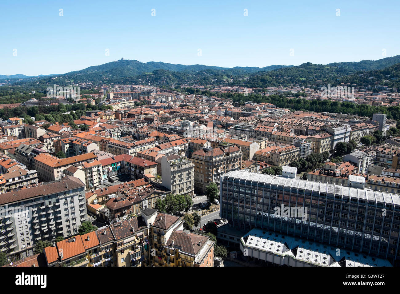 Italy, Piedmont, Turin, panorama view of the city from The Mole Antonelliana; bg.: Superga hill Stock Photo