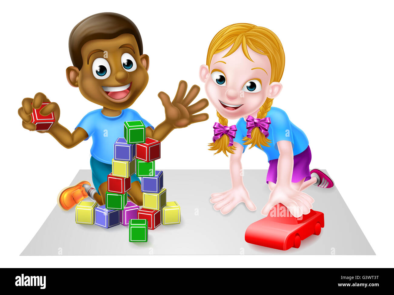 Cartoon boy and girl playing with toys, with car and toy blocks Stock ...