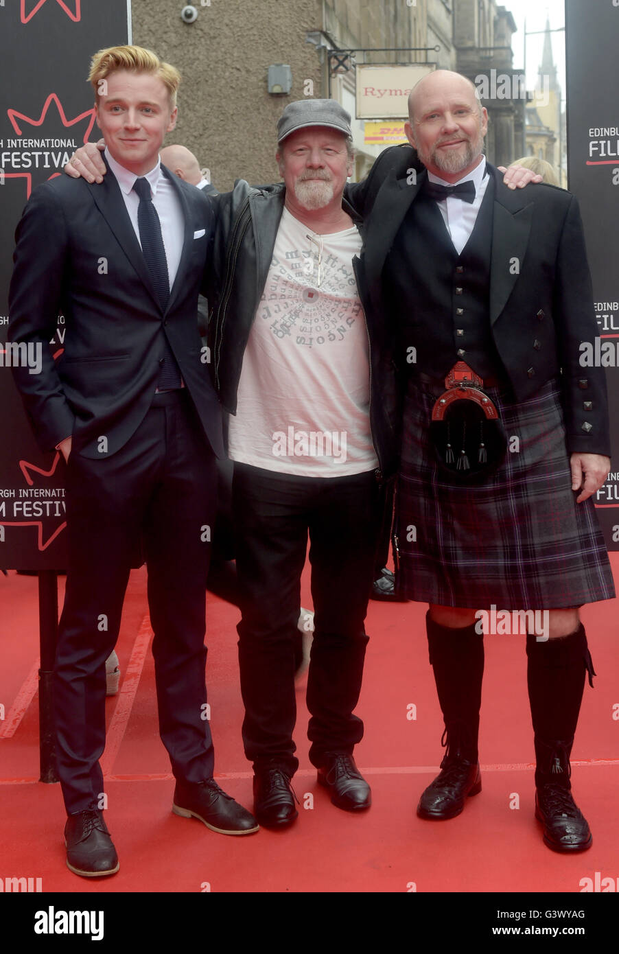 (left to right) Jack Lowden, Peter Mullan and Jason Connery attending the Edinburgh International Film Festival 2016 opening-night gala, and the world premiere of Tommy's Honour, at the Festival Theatre in Edinburgh, Scotland. Stock Photo