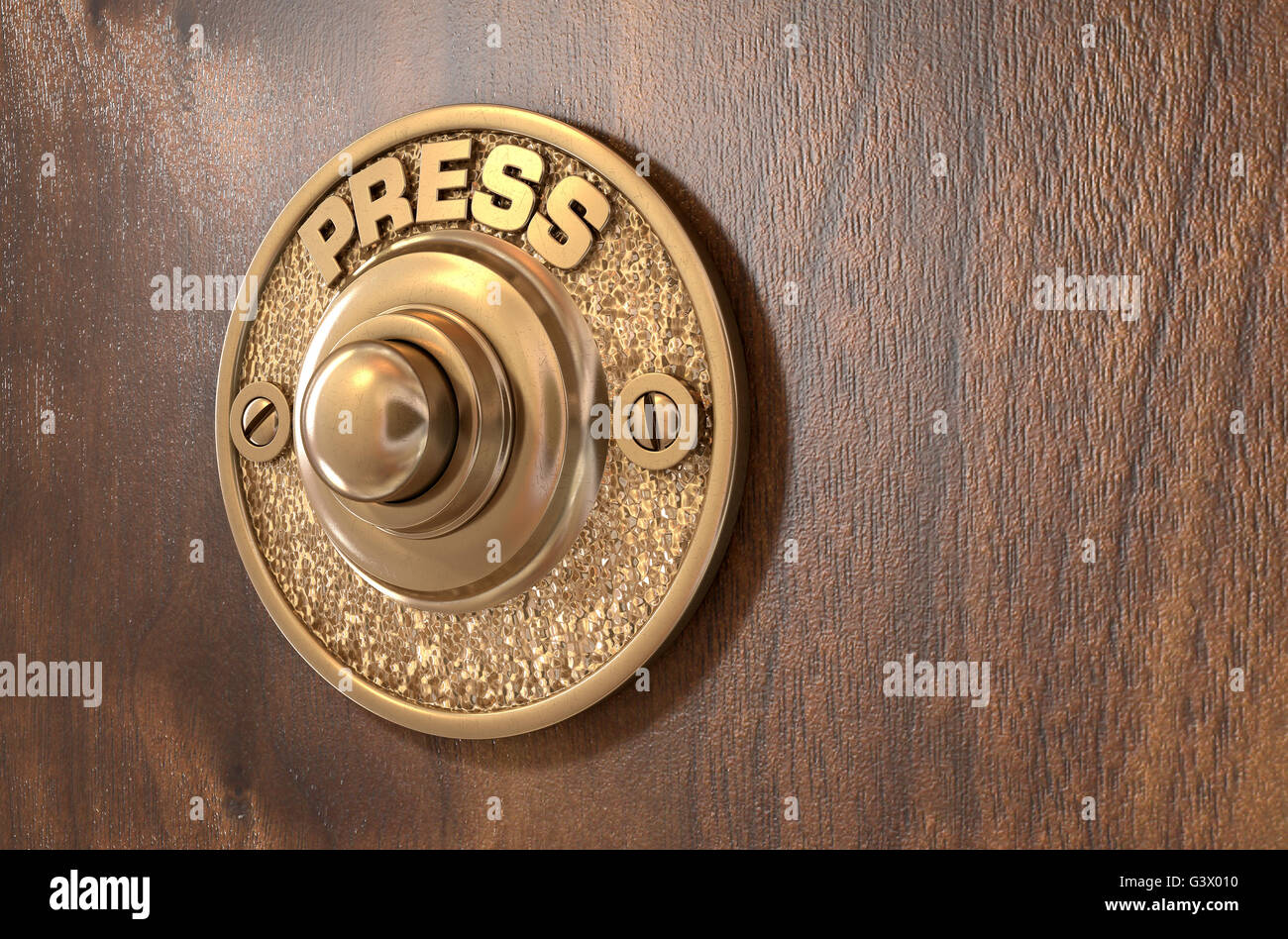 Antique brass bell on the back of the door and early doorbell Stock Photo -  Alamy