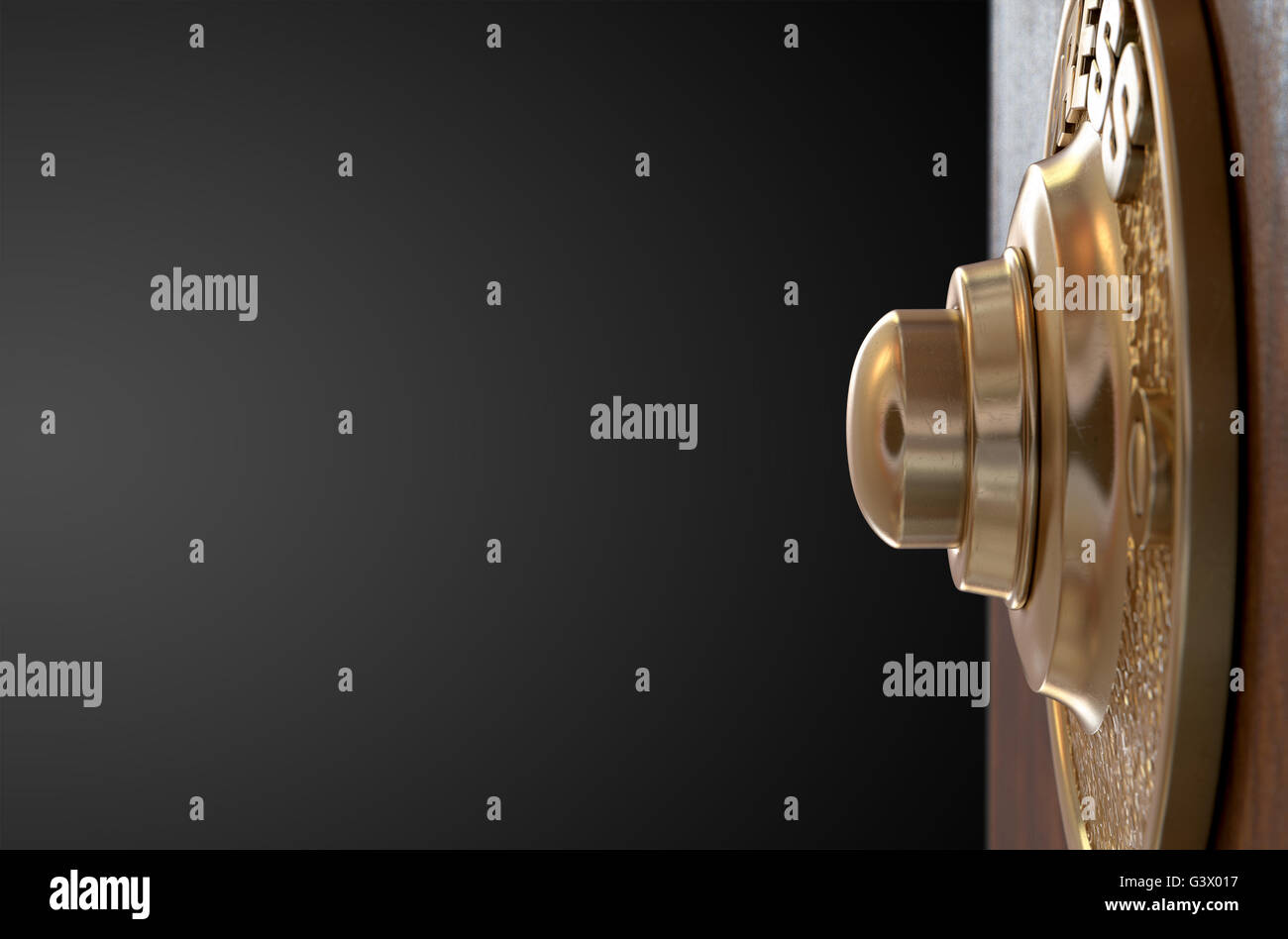 A 3D render of a vintage brass doorbell on an isolated wooden background Stock Photo