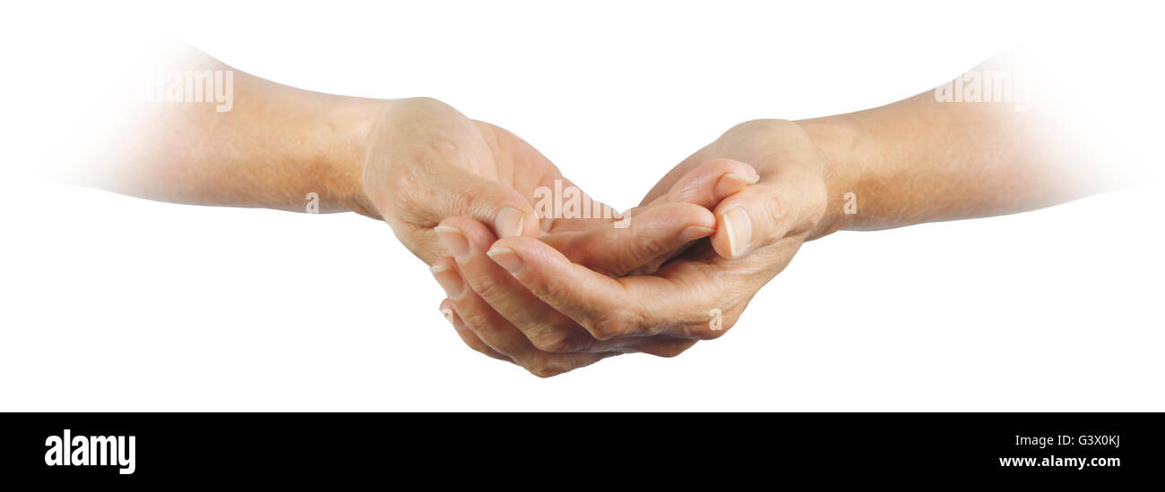 Ask believe receive -  Female gently cupped hands emerging from a white background with a religious, pure feel Stock Photo
