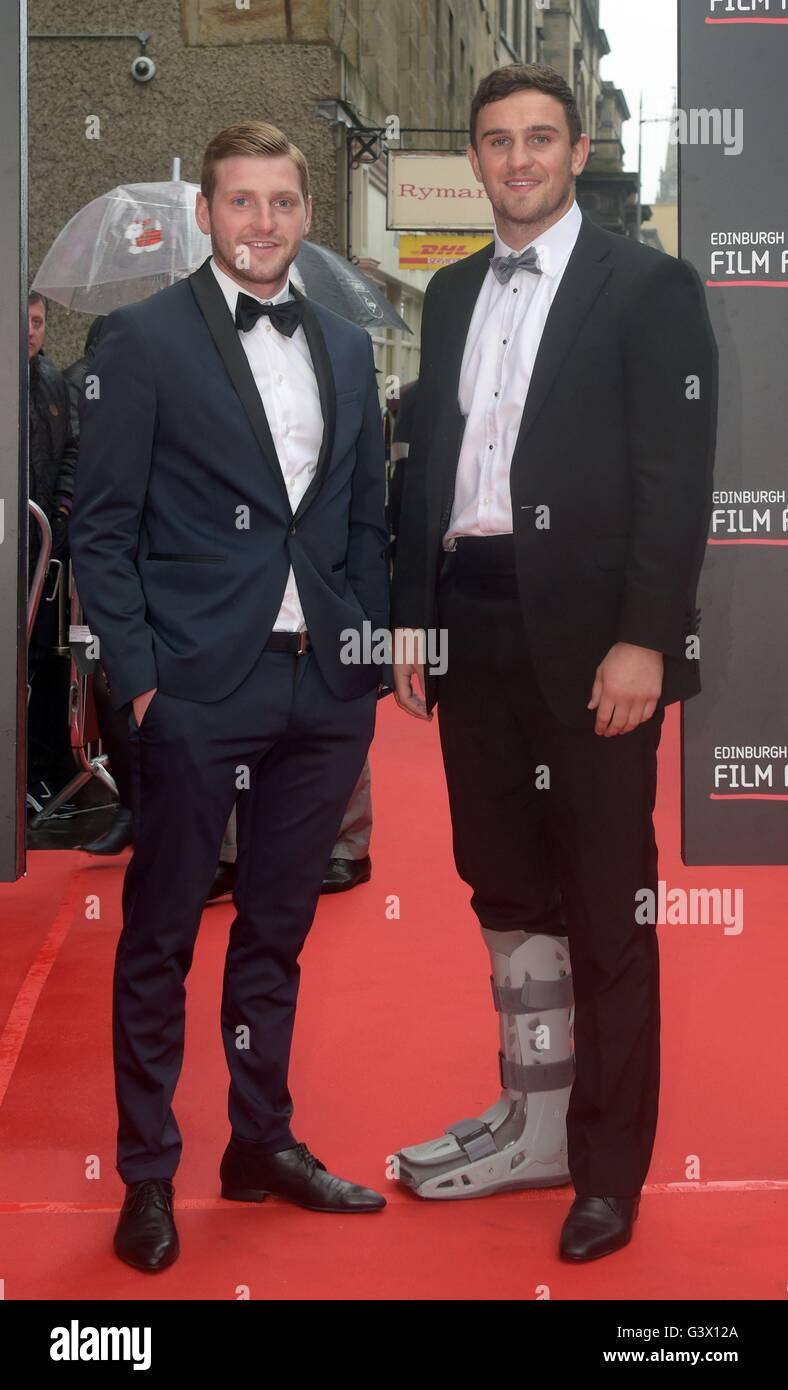 Scottish rugby players Finn Russell (left) and Adam Ashe attending the Edinburgh International Film Festival 2016 opening-night gala, and the world premiere of Tommy's Honour, at the Festival Theatre in Edinburgh, Scotland. Stock Photo