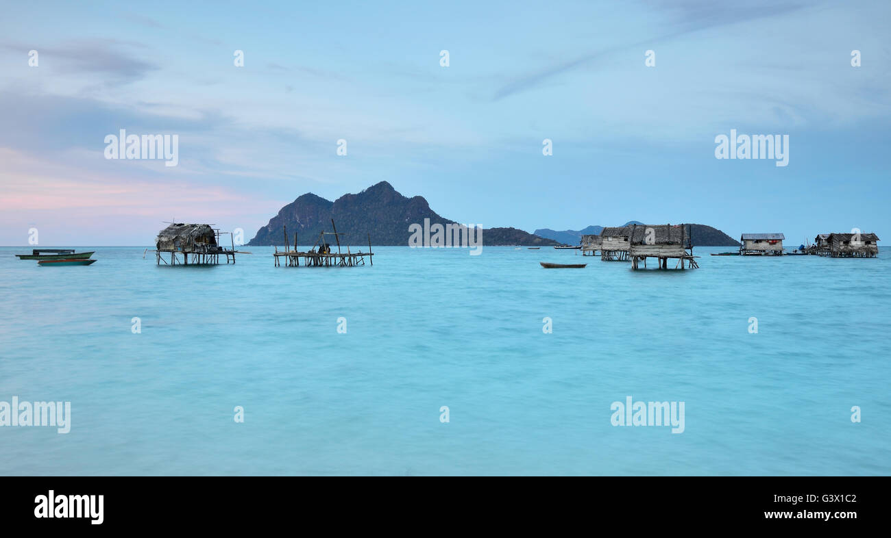 Twilight at the Bajau laut village in Sabah Borneo, Malaysia Stock Photo
