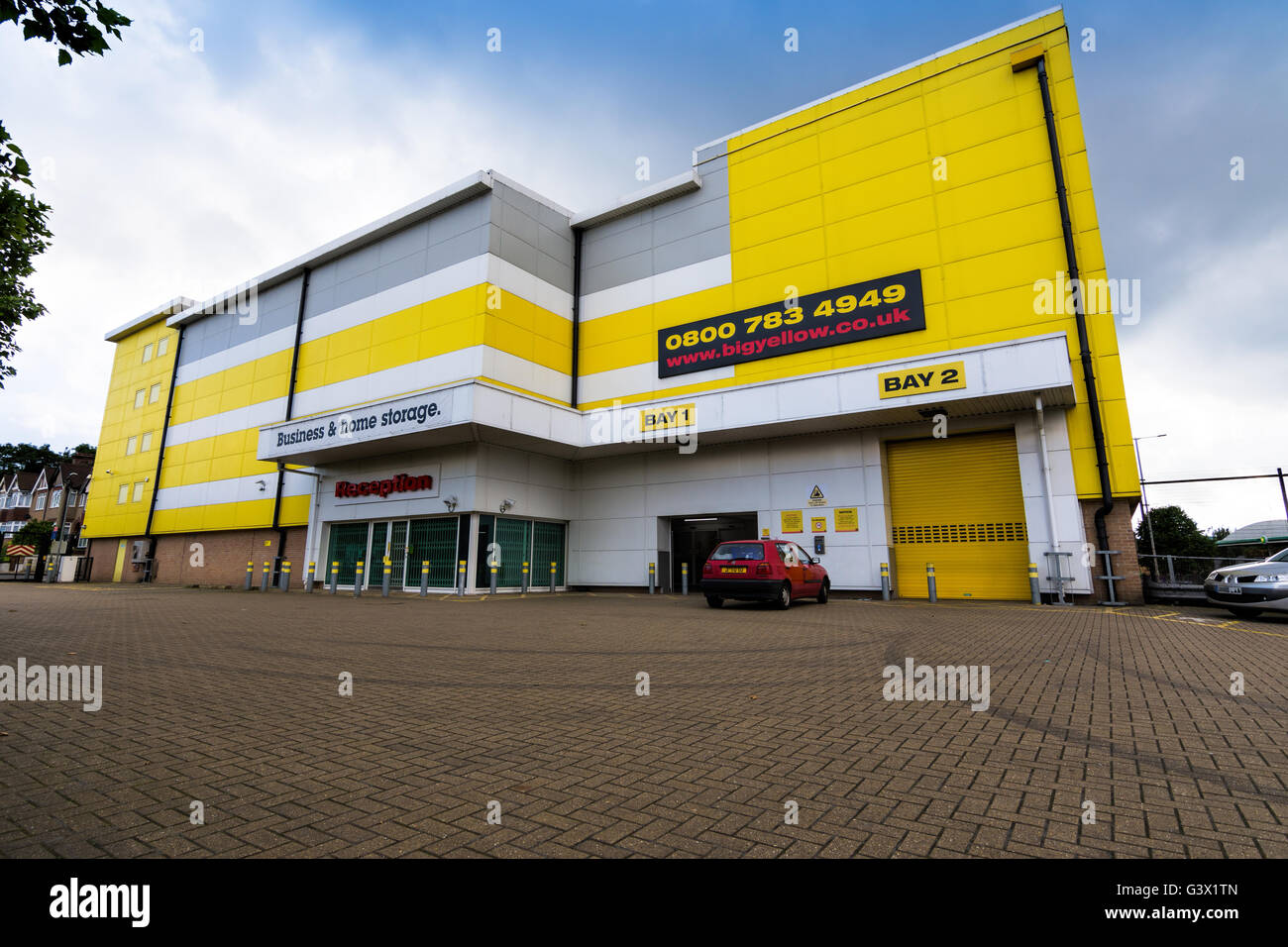 Shot of the front of a typical Big Yellow Storage facility Stock Photo