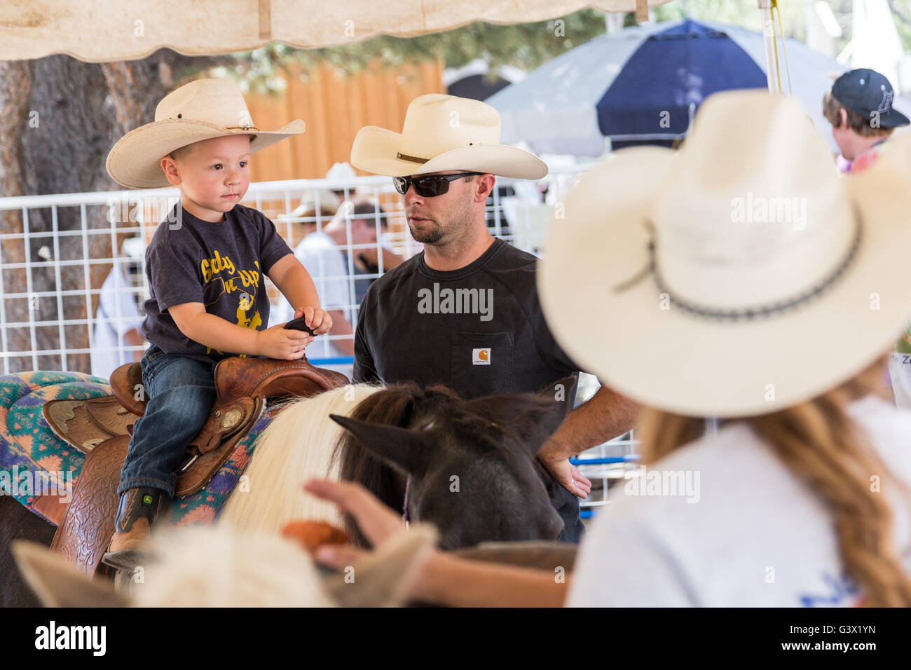 A young boy rides a pony under the watchful eye of his father during Cheyenne Frontier Days July 25, 2015 in Cheyenne, Wyoming. Frontier Days celebrates the cowboy traditions of the west with a rodeo, parade and fair. Stock Photo