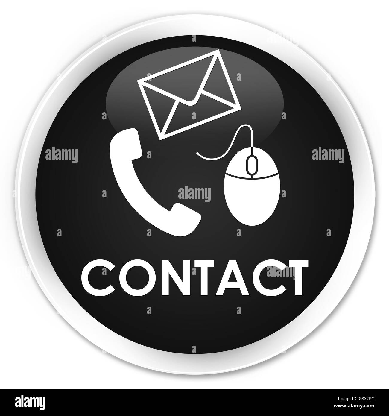Contact (phone email and mouse icon) black isolated on premium round