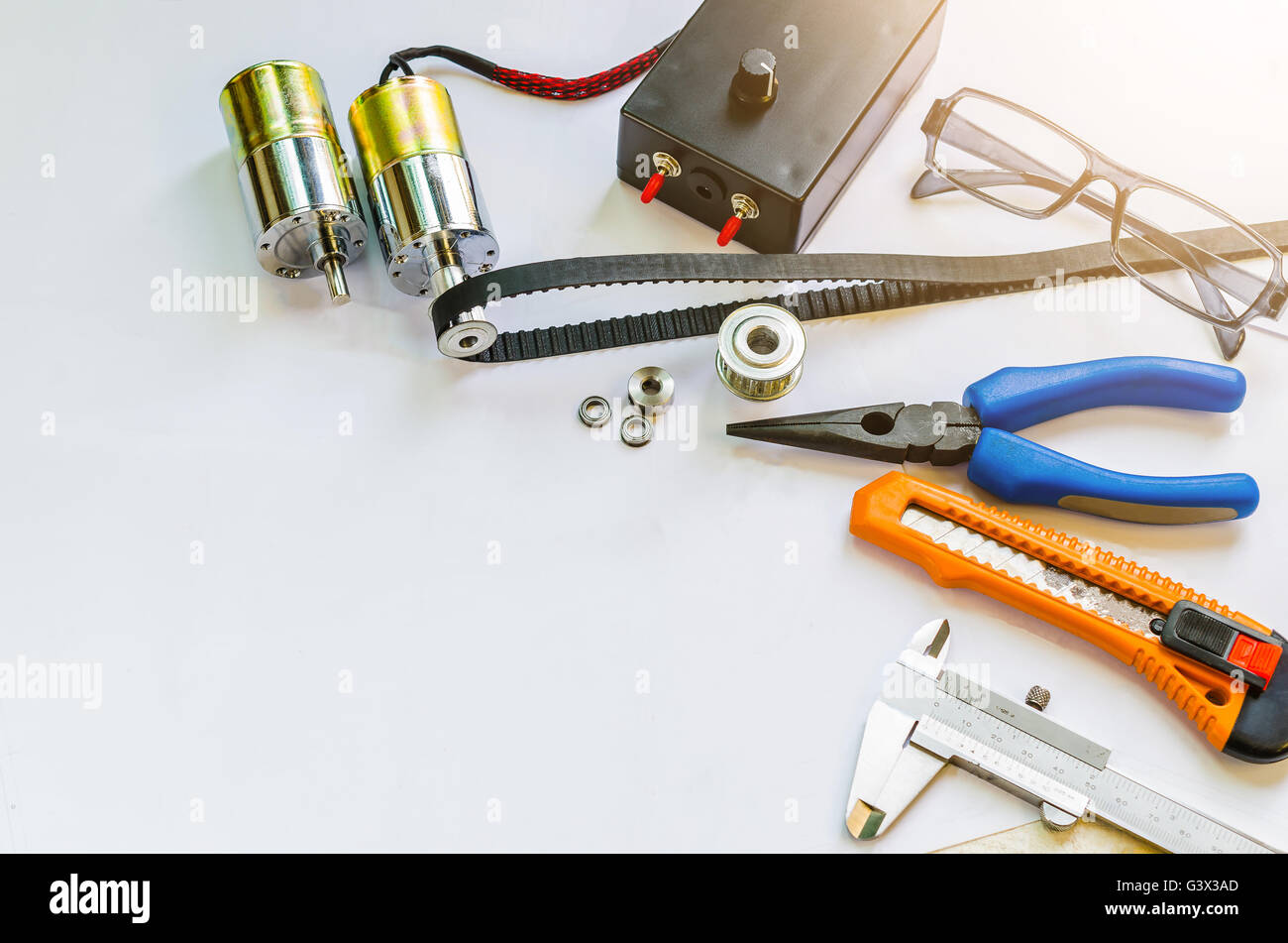 top view of dc motor and timing belt on drawing sheet, engineering accessories, engineering
