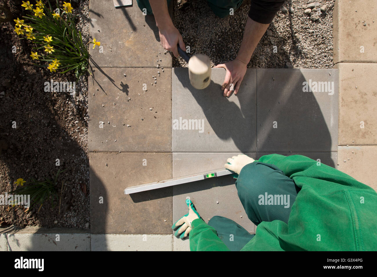 Workers build a path with square paving stones in a garden in spring. Stock Photo