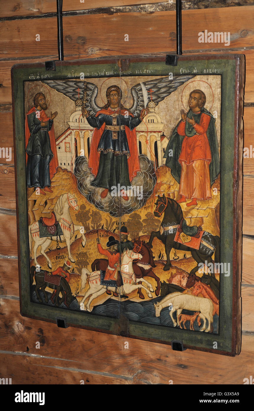 Russian icon (possibly, Miracle of St Florus and Laurus, 18th c.), Church of the Intersession,  Kizhi Island, Karelia, Russia. Stock Photo