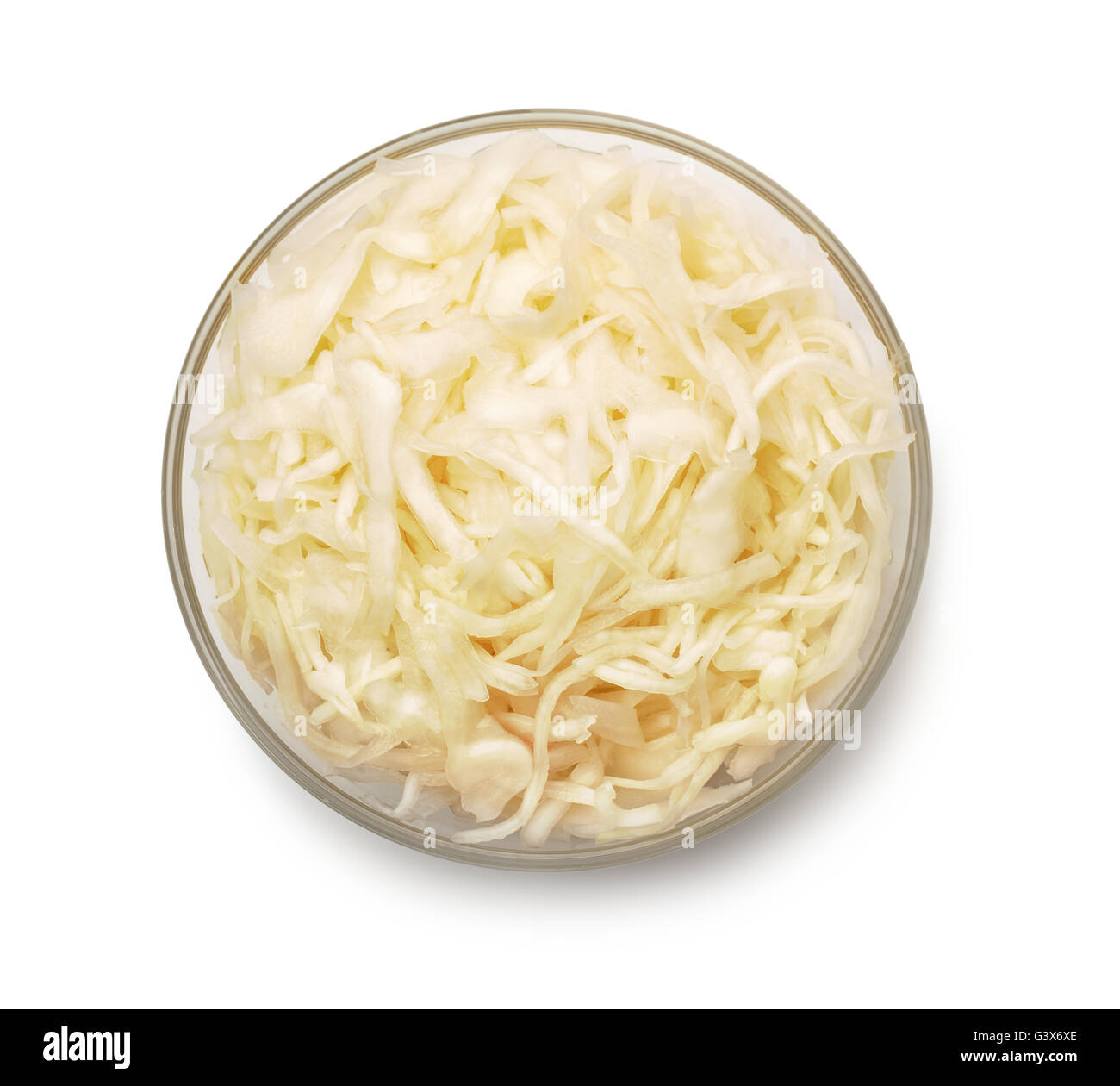 Top view of bowl with sauerkraut isolated on white Stock Photo