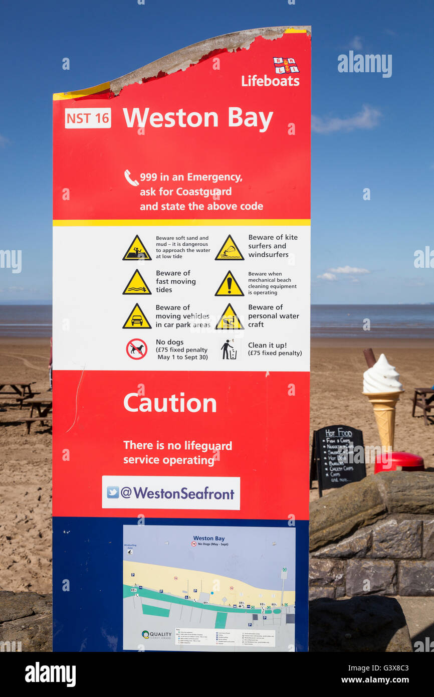 Safety notice to tourists on Weston Bay beach at Weston-Super-Mare. Stock Photo
