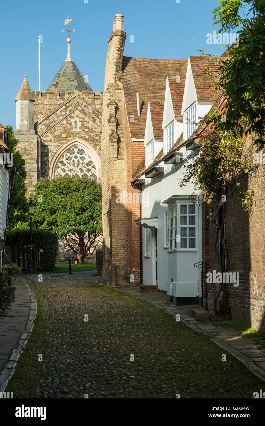 Spring evening on Church Square in Rye, England. Looking towards St Mary's church. Stock Photo