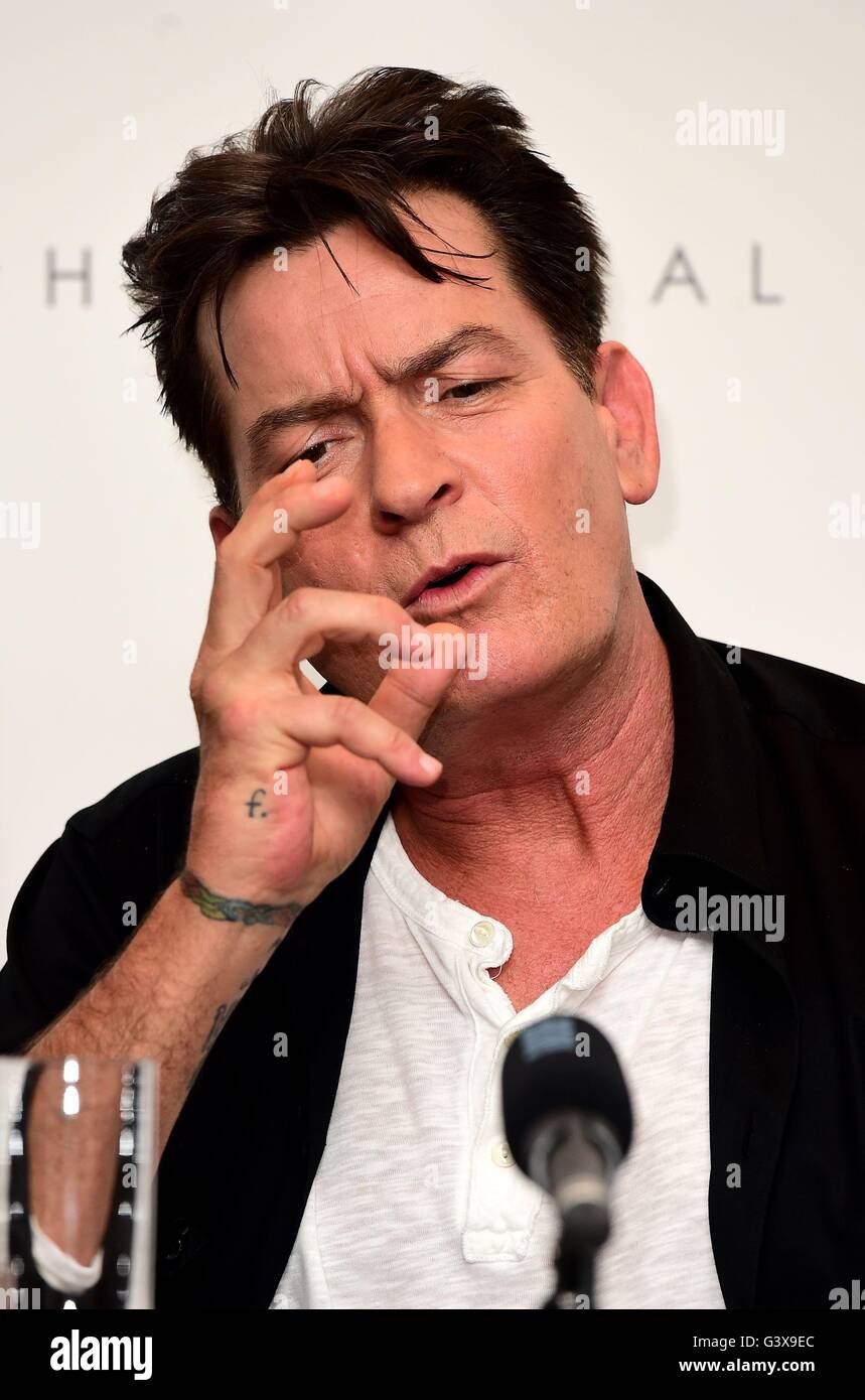 Charlie Sheen is seen at a press conference to endorse Lelo Hex condoms at the Westbury Hotel, London. Stock Photo