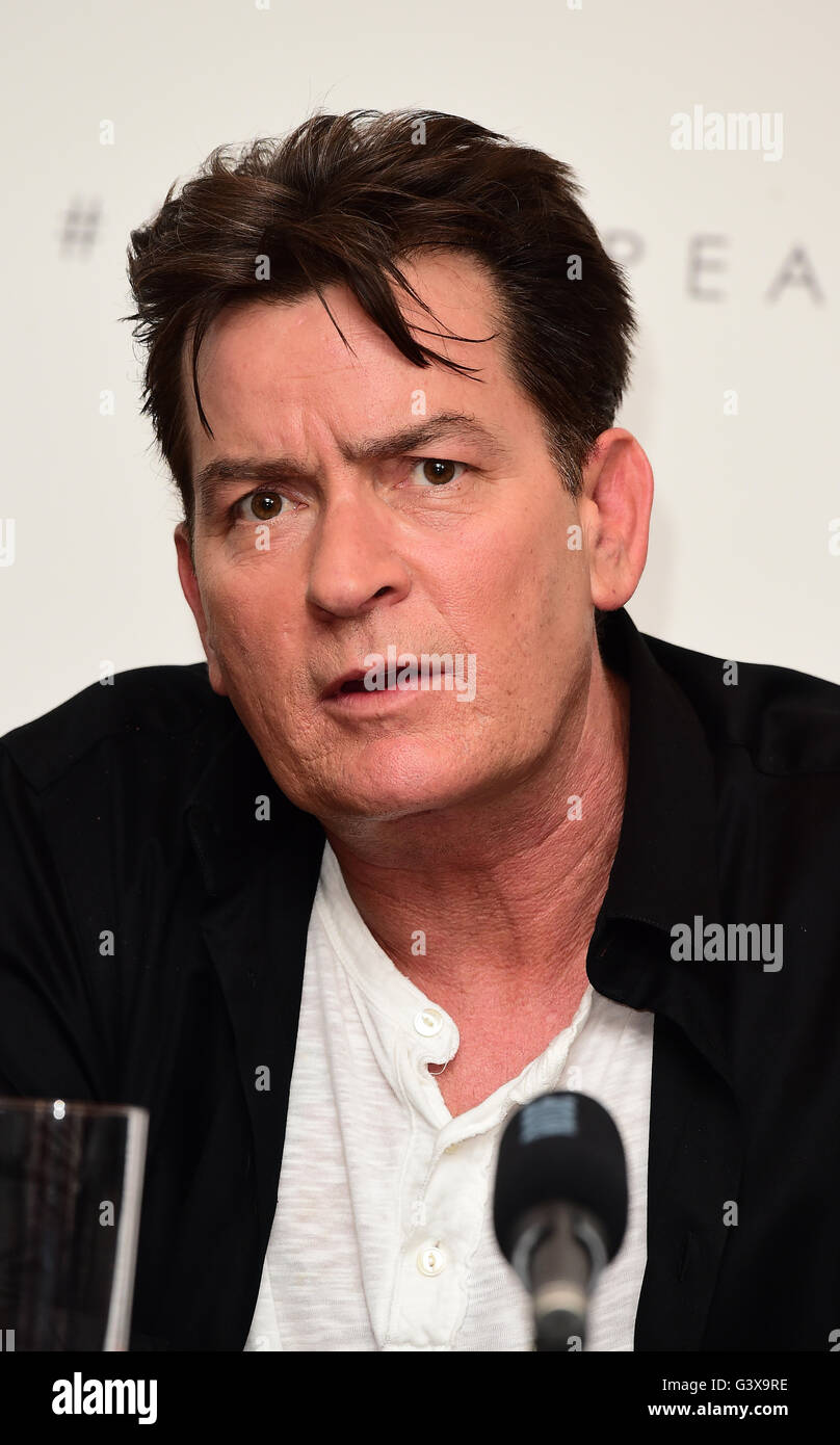 Charlie Sheen is seen at a press conference to endorse Lelo Hex condoms at the Westbury Hotel, London. Stock Photo