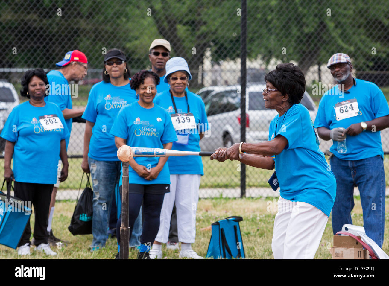 Detroit, Michigan - The 'softball hit' competition during the Detroit Recreation Department's Senior Olympics. Stock Photo