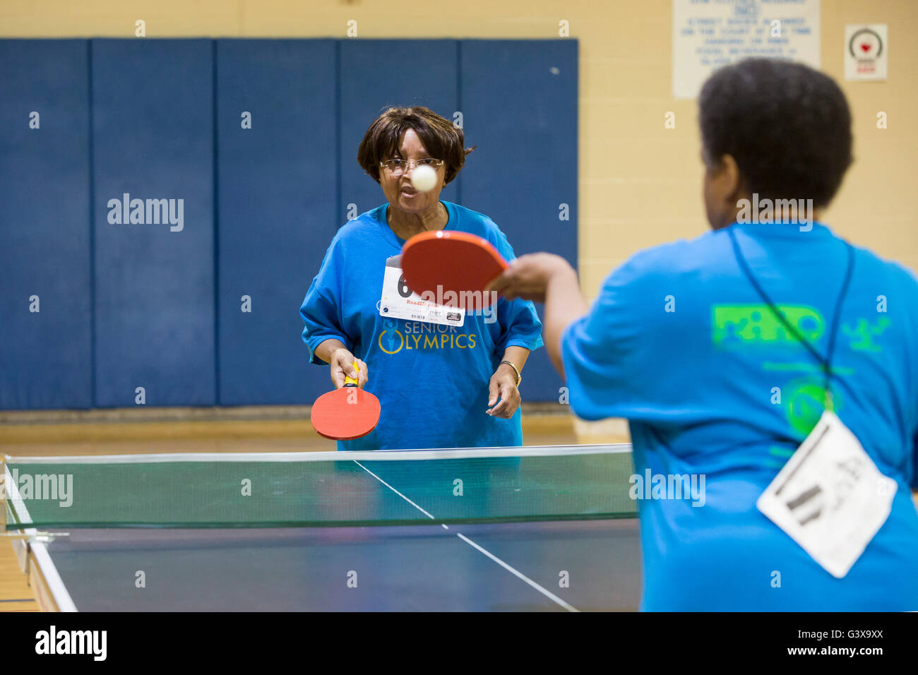Detroit, Michigan - Table tennis competition at the Detroit Recreation Department's Senior Olympics. Stock Photo