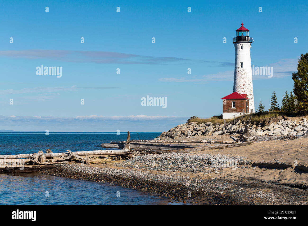 Crisp Point Lighthouse on the shore of Lake Superior in the Upper Peninsula of Michigan Stock Photo