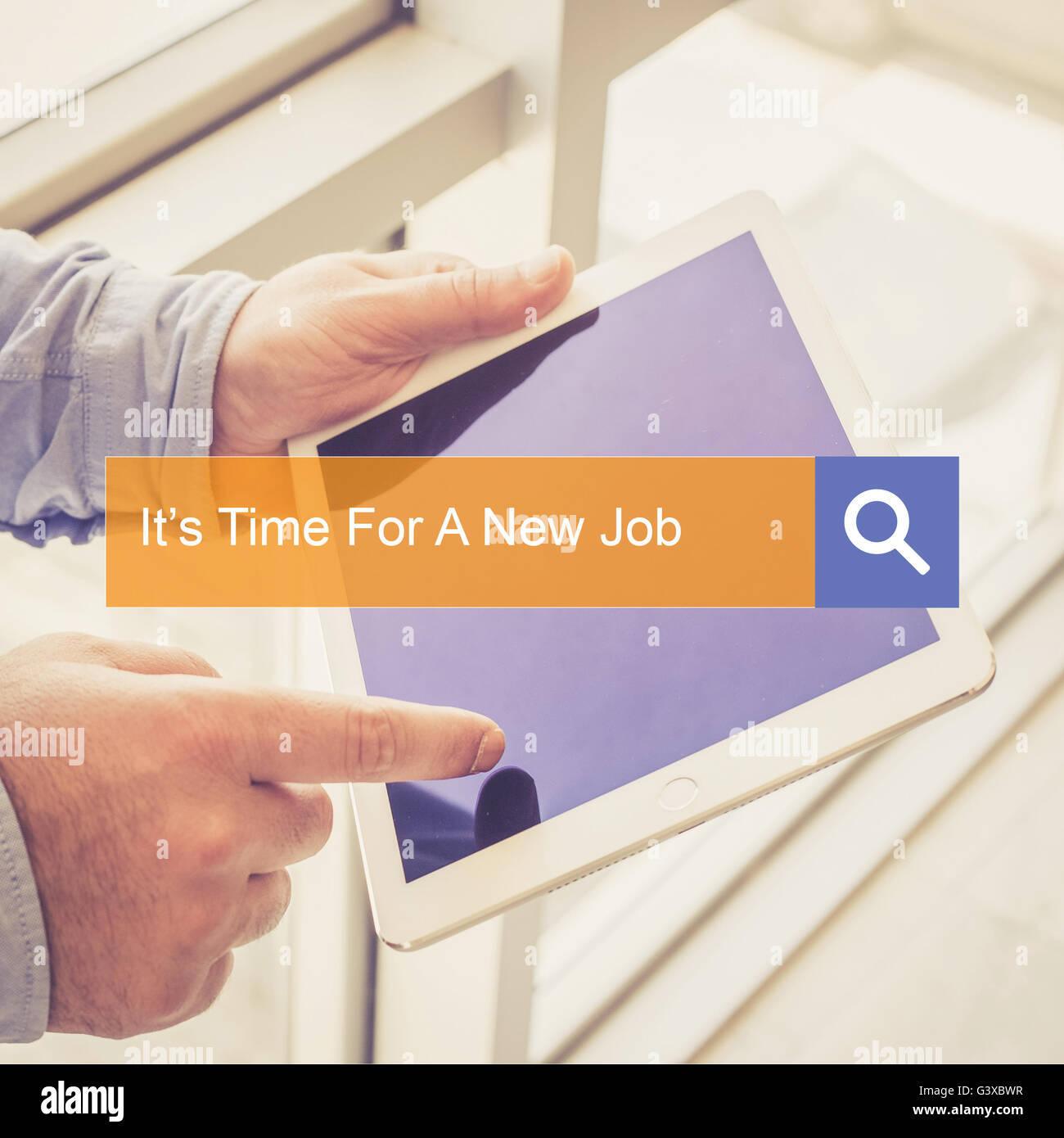 SEARCH TECHNOLOGY COMMUNICATION  It's Time For A New Job TABLET FINDING CONCEPT Stock Photo