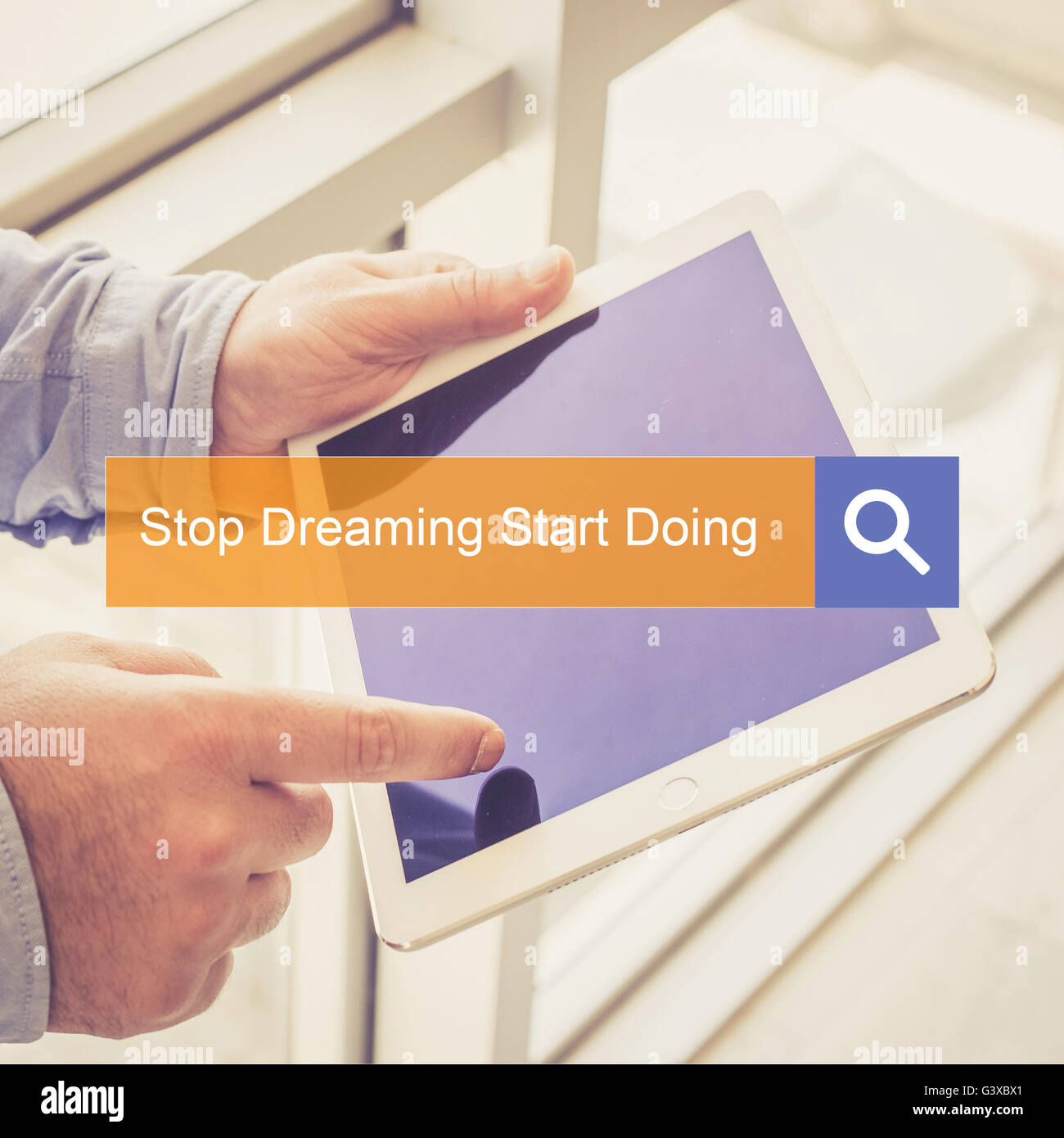 SEARCH TECHNOLOGY COMMUNICATION  Stop Dreaming Start Doing TABLET FINDING CONCEPT Stock Photo