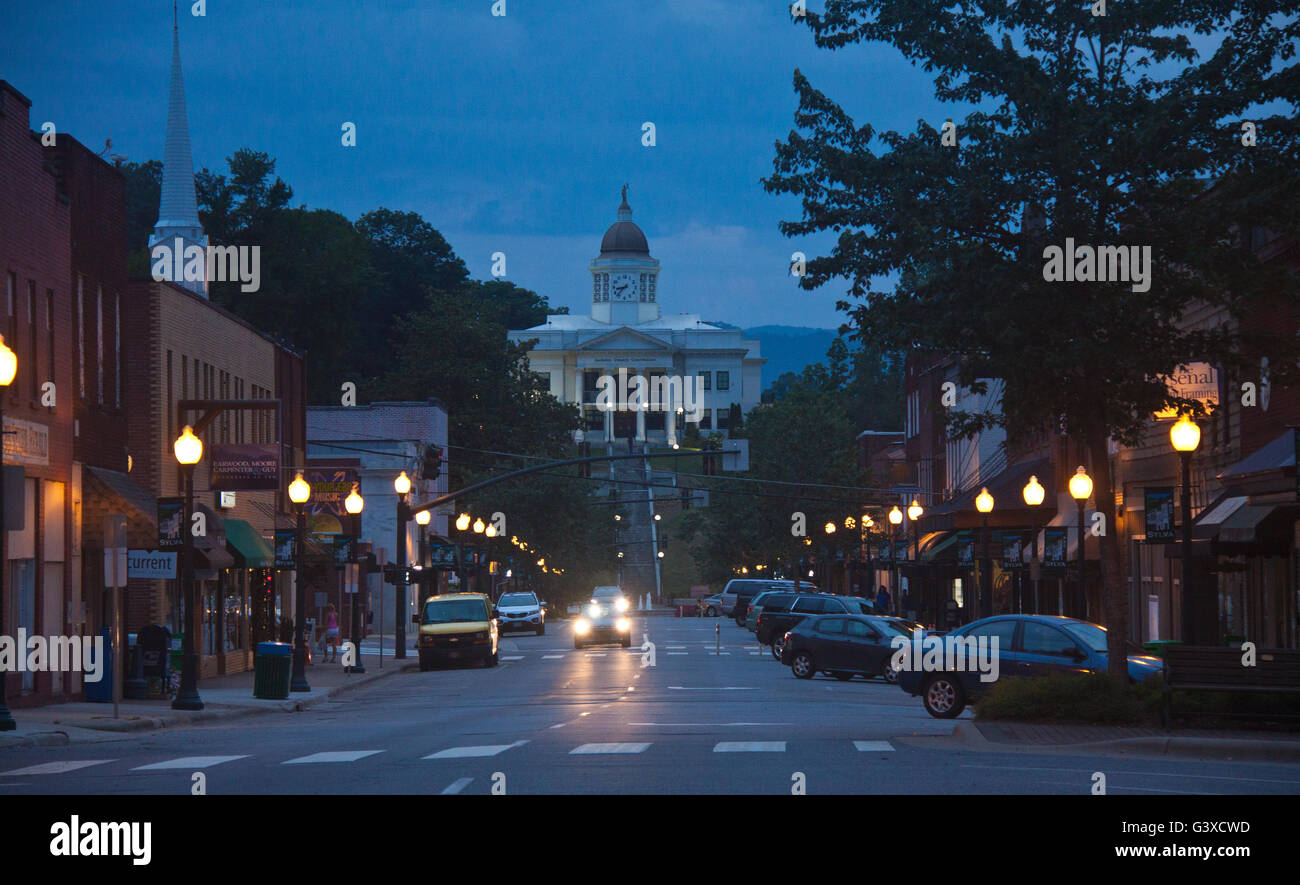 Main Street in Sylva, North Carolina, with the old Jackson County Courthouse Stock Photo