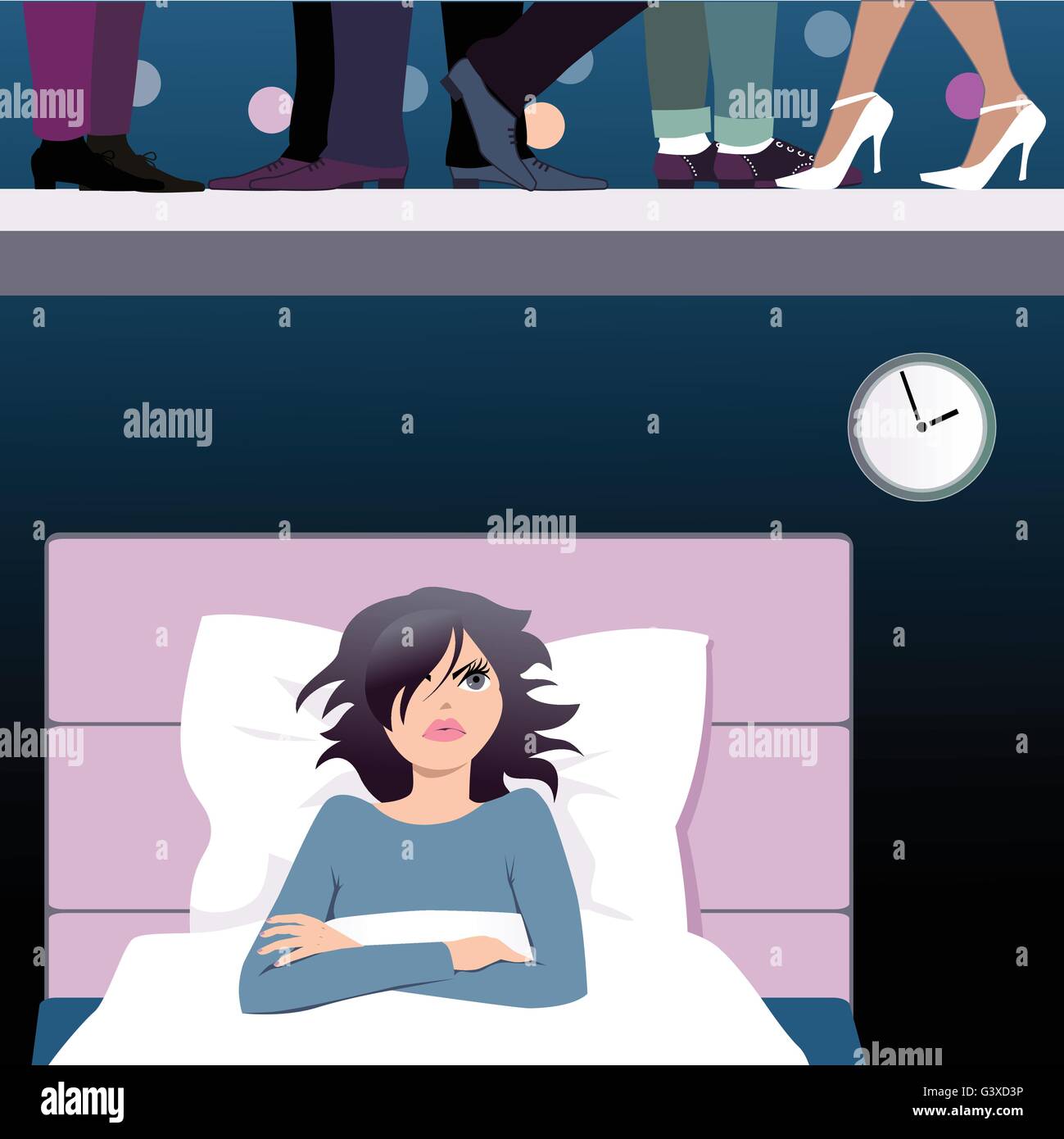 Noisy neighbors upstairs. Woman lying sleepless in her bed late at