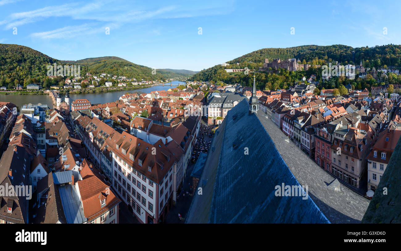 Old Town : View from the Holy Spirit Church to castle and river Neckar, Germany, Baden-Württemberg, Kurpfalz, Heidelberg Stock Photo