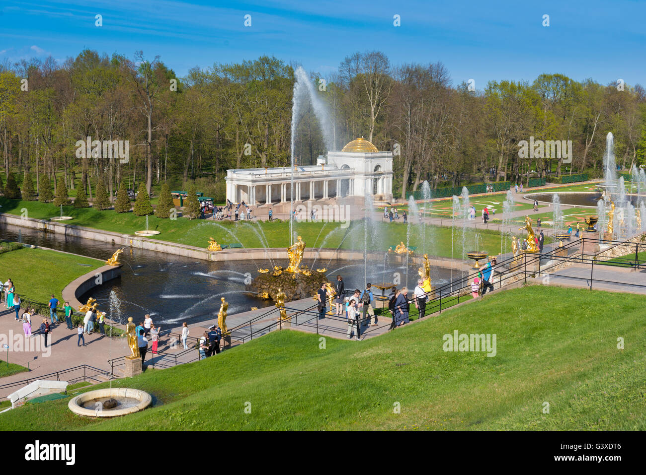 Samson Fountain And Sculptures of The Grand Cascade In Peterhof, Saint Petersburg Stock Photo
